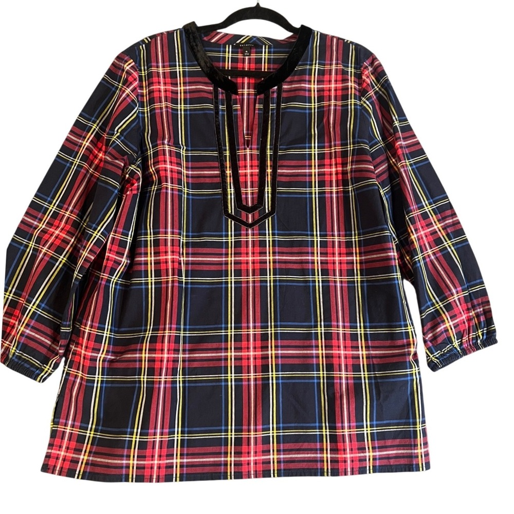Talbots Womens XL Plaid Tunic Top Velvet Trim Split Neck Tartan Popover Blouse